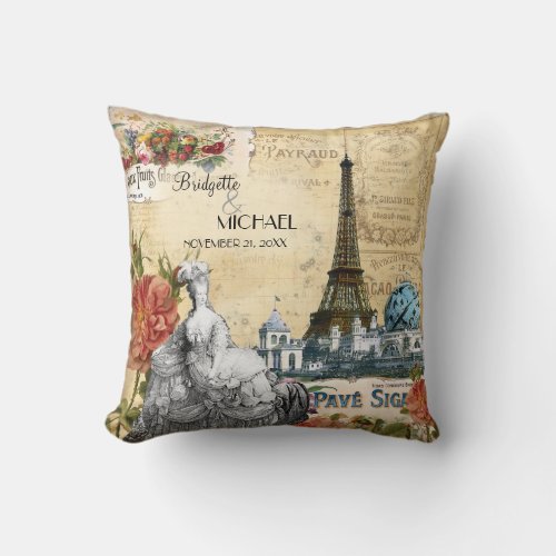 Vintage Floral Roses Eiffel Tower Marie Antoinette Throw Pillow