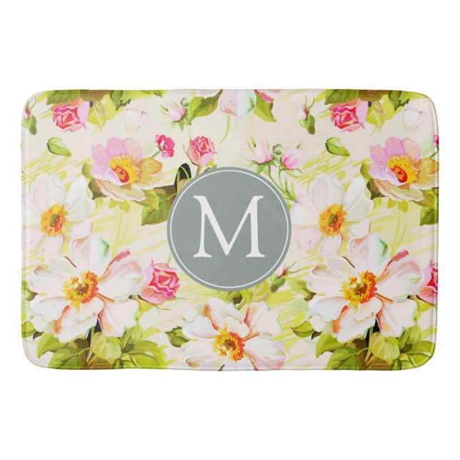 Vintage Floral Roses Peonies Monogram Bath Mat (Front)