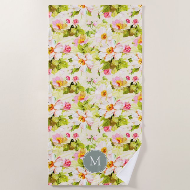 Vintage Floral Roses Peonies Monogram Beach Towel (Front)