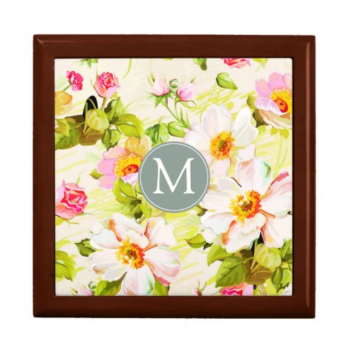 Vintage Floral Roses Peonies Monogram Jewelry Box