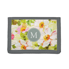 Vintage Floral Roses Peonies Monogram W Tri-fold Wallet