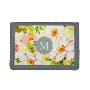 Vintage Floral Roses Peonies Monogram W Tri-fold Wallet