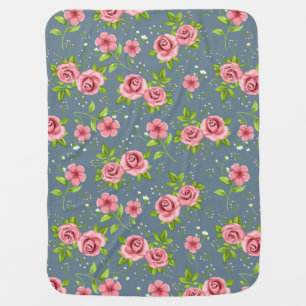 Vintage Floral Roses Pink Green Pattern Baby Blanket