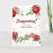Vintage Floral Roses Red Pink and Gold Quinceanera Invitation (Front)