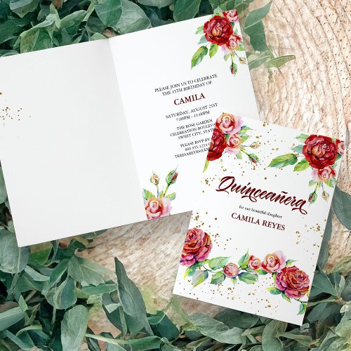 Vintage Floral Roses Red Pink and Gold Quinceanera Invitation