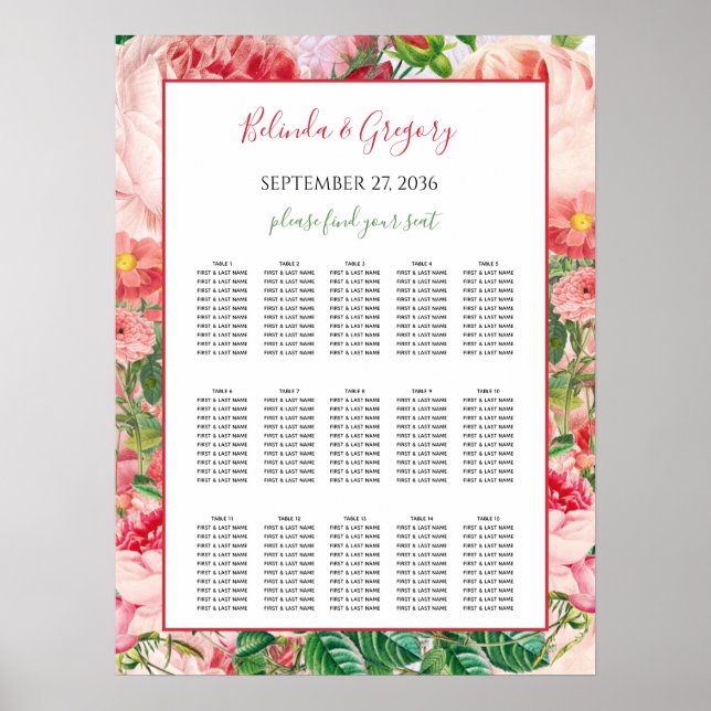Vintage Floral Roses Wedding Seating Chart (Front)