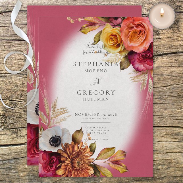 Vintage Floral Rust & Fuchsia Wedding Invitation (Creator Uploaded)