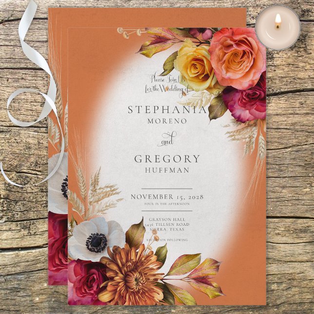Vintage Floral Rust & Fuchsia Wedding Invitation (Creator Uploaded)