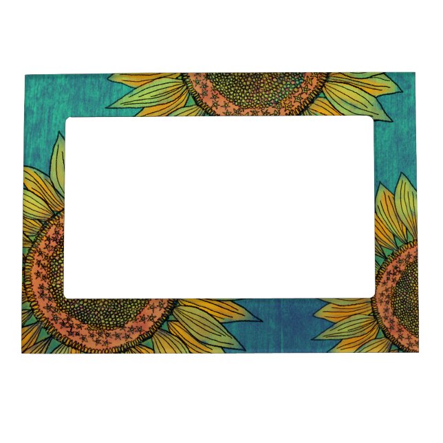  Vintage Floral Rustic Elegant Teal Wood Sunflower Magnetic Frame (Front)
