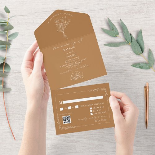 Vintage Floral Rustic Goldenrod Wedding QR Code All In One Invitation
