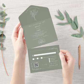 Vintage Floral Rustic Sage Green Qr Code Wedding All In One Invitation by JillsPaperie at Zazzle