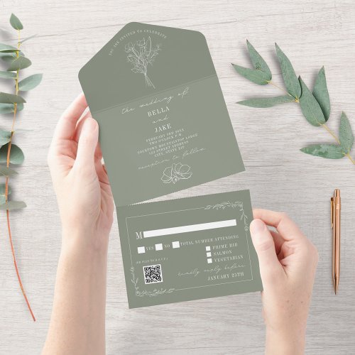 Vintage Floral Rustic Sage Green QR Code Wedding All In One Invitation
