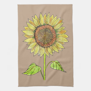 Vintage Floral Rustic Taupe Watercolor Sunflower Kitchen Towel
