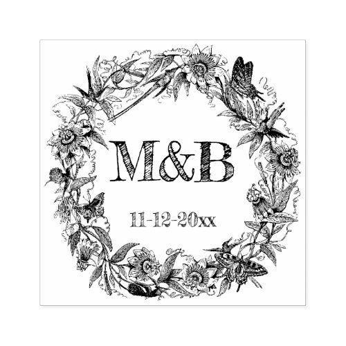 Vintage Floral Rustic Wreath Monogram Wedding Rubber Stamp