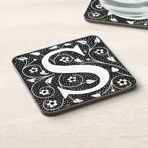 Vintage Floral S Monogram Black and White Beverage Coaster