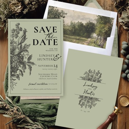 Vintage Floral Sage Green Boho Monogram Wedding Save The Date