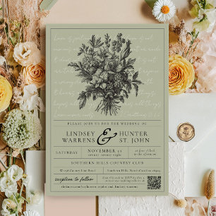 Vintage Floral Sage Green Modern Christian Wedding Invitation