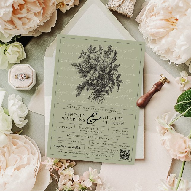 Vintage Floral Sage Green Modern Christian Wedding Invitation (Classic QR code digital vintage floral elegant modern Christian faith bible verse wedding invitation)