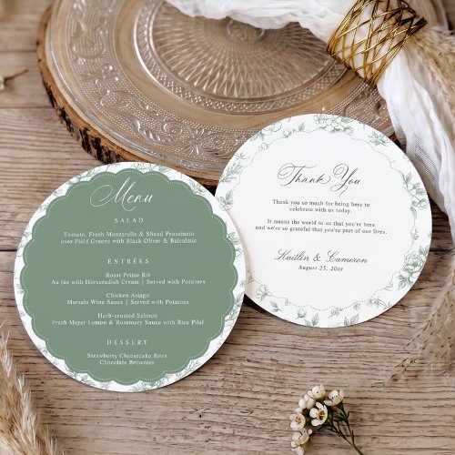 Vintage Floral Sage Green Thank You Round Wedding Menu