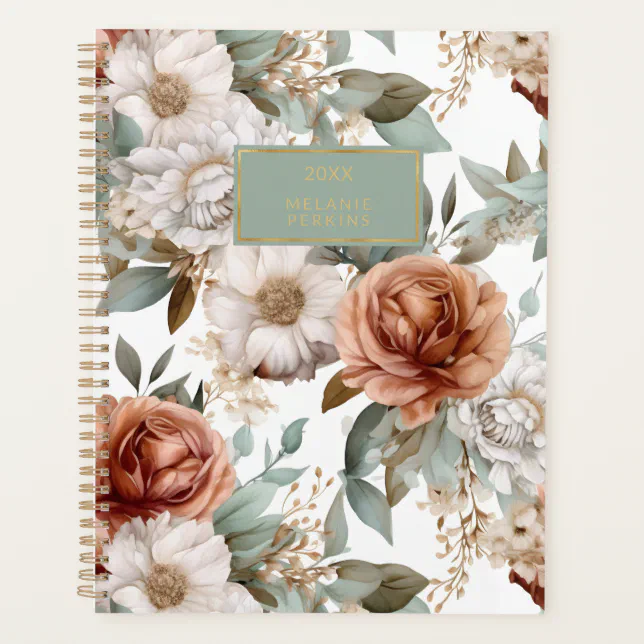 Vintage Floral Sage Sienna Taupe Watercolor Flower Planner | Zazzle