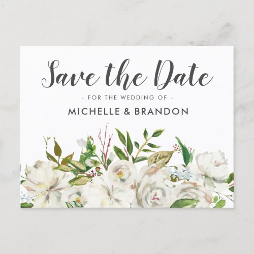 Vintage Floral Save the Date  White and Gold Announcement Postcard