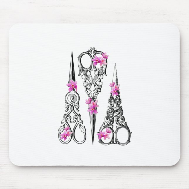 Vintage Floral Scissors, Elegant Desk Accessory Mouse Pad (Front)