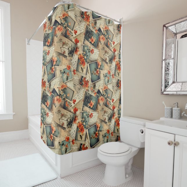 Vintage Floral Scrapbook Pattern Shower Curtain (In Situ)