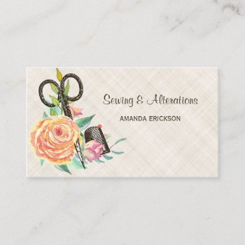 Vintage Floral Seamstress Scissors And Thimble Business Card by GirlyBusinessCards at Zazzle