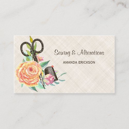 Vintage Floral Seamstress Scissors and Thimble Business Card