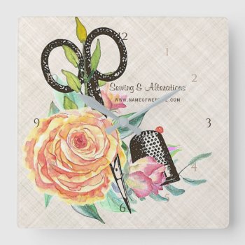 Vintage Floral Seamstress Scissors And Thimble Square Wall Clock by GirlyBusinessCards at Zazzle