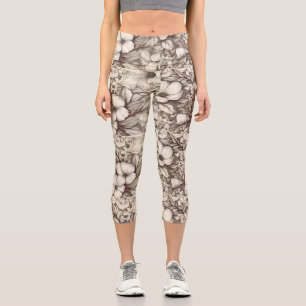 Vintage Floral Sepia Pattern (10) Capri Leggings