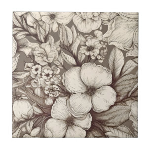 Vintage Floral Sepia Pattern (10) Ceramic Tile