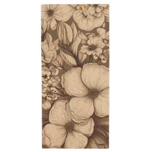 Vintage Floral Sepia Pattern 10 Wood Flash Drive