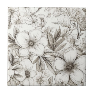 Vintage Floral Sepia Pattern (11) Ceramic Tile