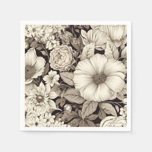 Vintage Floral Sepia Pattern 12 Napkins