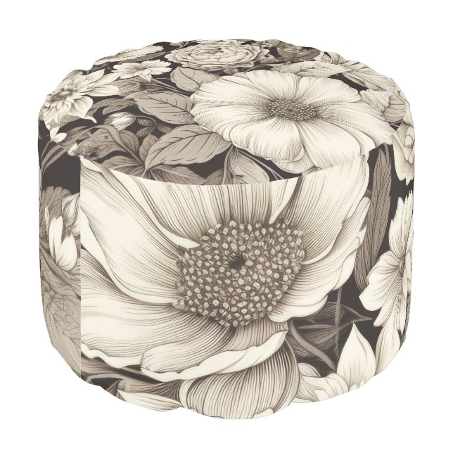Vintage Floral Sepia Pattern (12) Pouf (Angled Back)