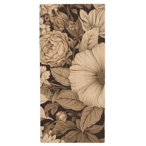 Vintage Floral Sepia Pattern 12 Wood Flash Drive