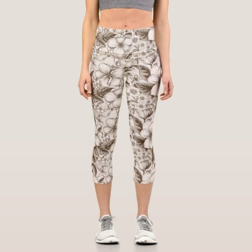 Vintage Floral Sepia Pattern 14 Capri Leggings