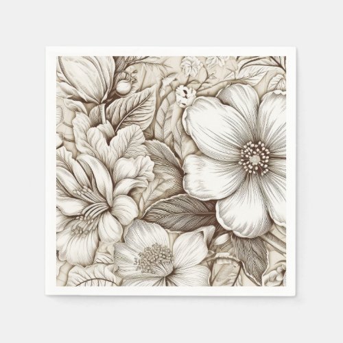 Vintage Floral Sepia Pattern 15 Napkins