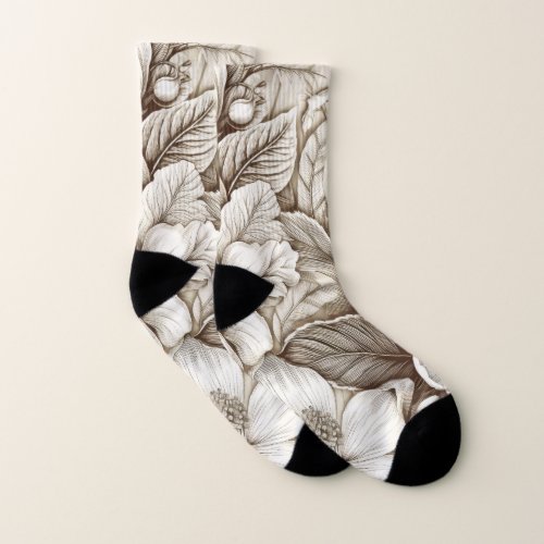 Vintage Floral Sepia Pattern 15 Socks