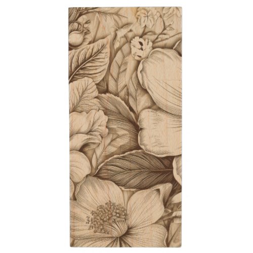 Vintage Floral Sepia Pattern 15 Wood Flash Drive