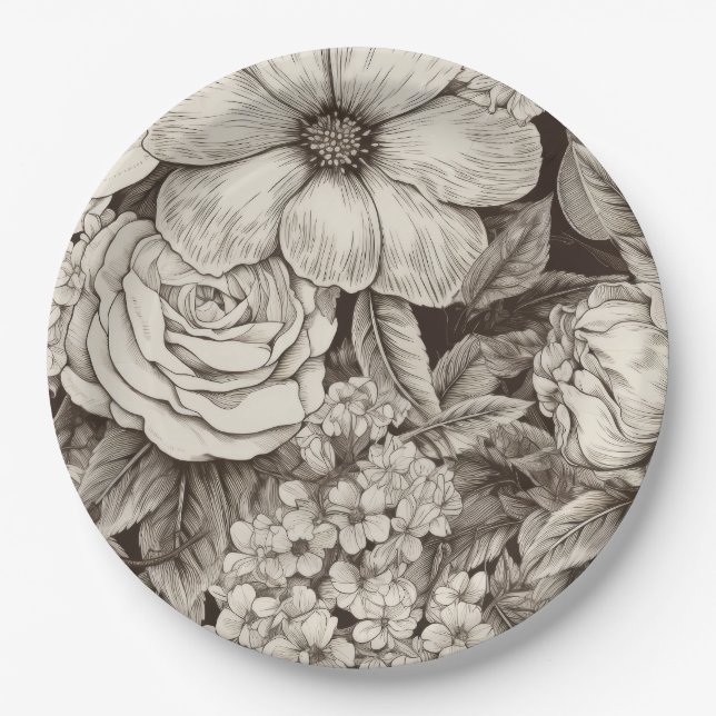 Vintage Floral Sepia Pattern (1) Paper Plates (Front)