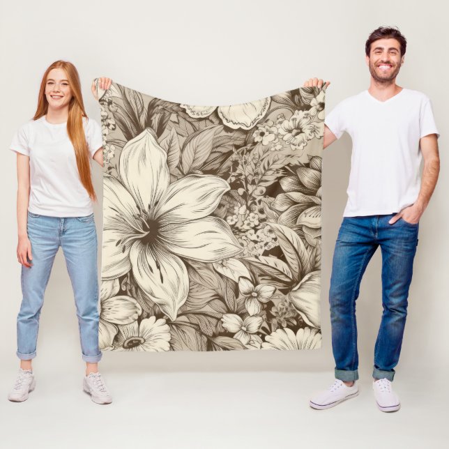 Vintage Floral Sepia Pattern (3) Fleece Blanket (In Situ)