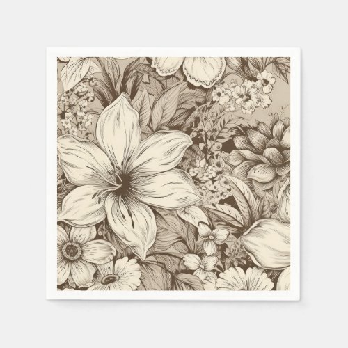 Vintage Floral Sepia Pattern 3 Napkins