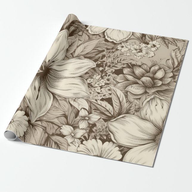 Vintage Floral Sepia Pattern (3) Wrapping Paper (Unrolled)