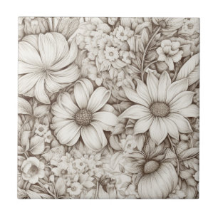 Vintage Floral Sepia Pattern (5) Ceramic Tile