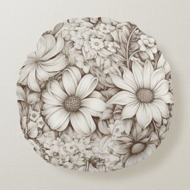 Vintage Floral Sepia Pattern (5) Round Pillow (Front)