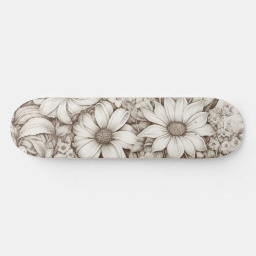 Vintage Floral Sepia Pattern 5 Skateboard