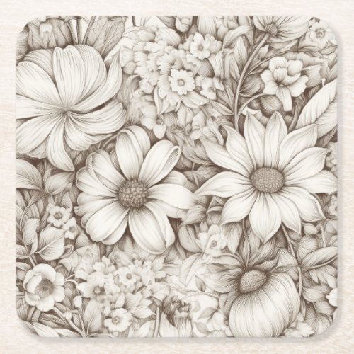Vintage Floral Sepia Pattern 5 Square Paper Coaster