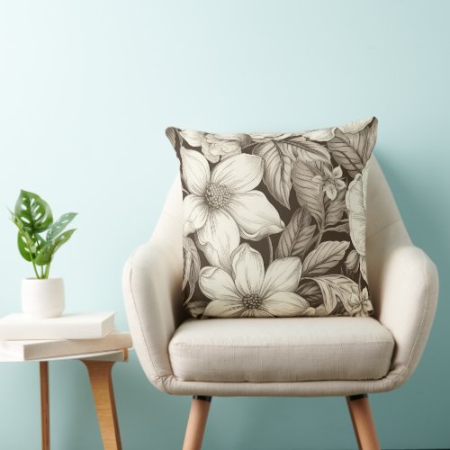 Vintage Floral Sepia Pattern 6 Throw Pillow